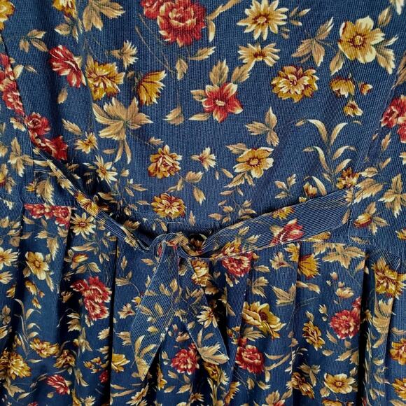 VTG 90's Capacity Jumper Dress Small Navy Blue Red Floral Midi Corduroy V Neck - Picture 8 of 9
